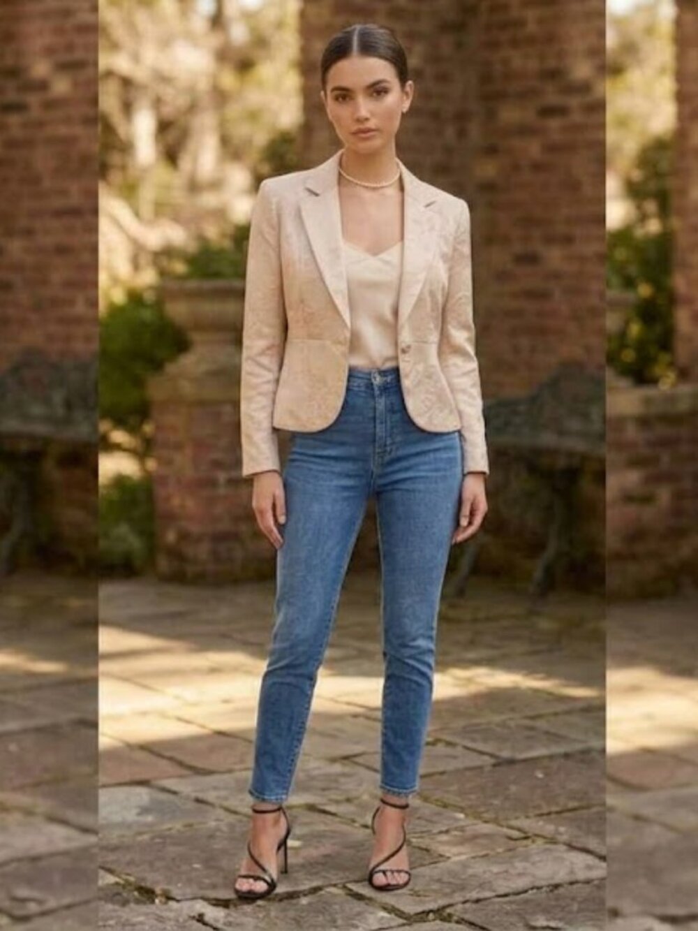 Vintage Bebe Floral Jacquard Champagne/Blush Piink Cropped Blazer Jacket Size 10